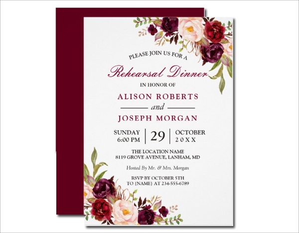 Elegant Burgundy Floral Wedding Rehearsal Dinner Invitation