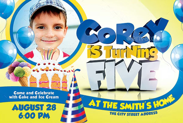 Kids Fifth Birthday Party Flyer Template